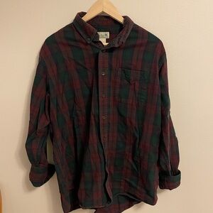 L.L. Bean - Men’s Maroon and Green Plaid Flannel Button Up Shirt - Size LG